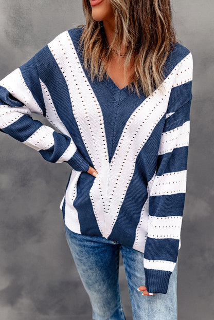 Gray Striped Colorblock V Neck Knitted Sweater