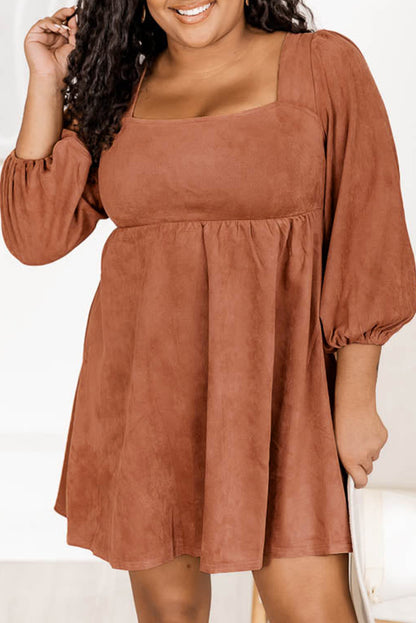 Brown Suede Square Neck Puff Sleeve Dress