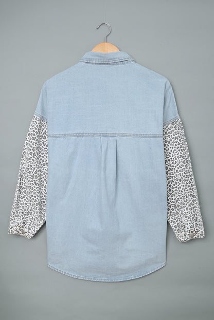 Sky Blue Contrast Leopard Denim Jacket