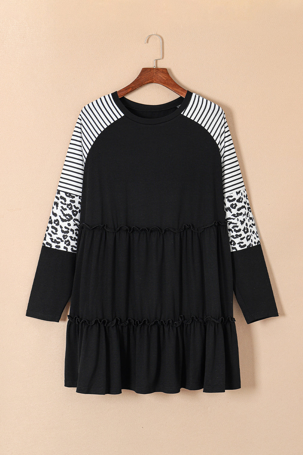 Black Striped Leopard Patchwork Long Sleeve Mini Dress