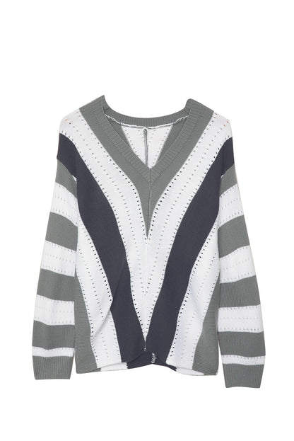 Gray Striped Colorblock V Neck Knitted Sweater