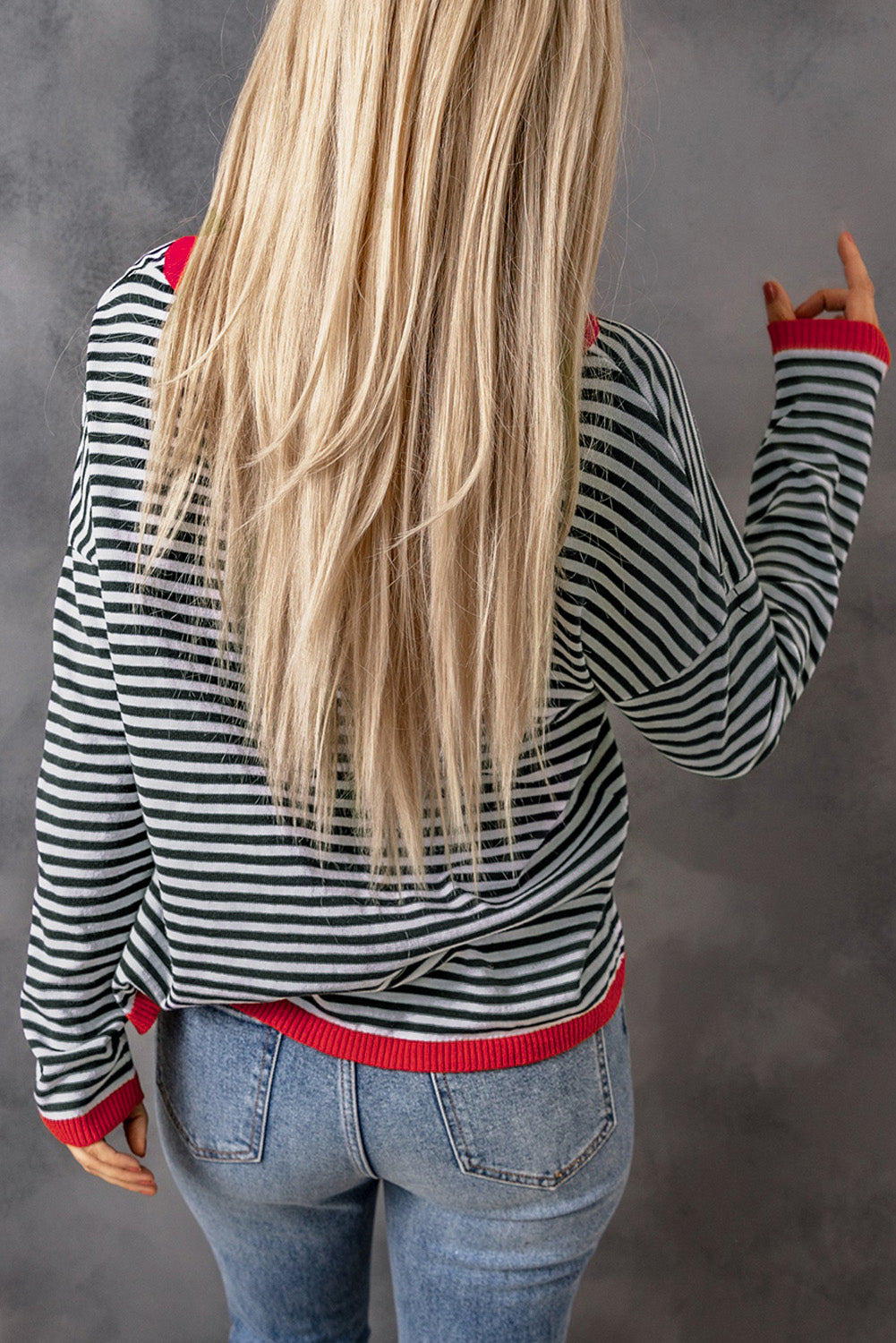 Gray Contrast Trimmed Striped Drop Shoulder Sweater