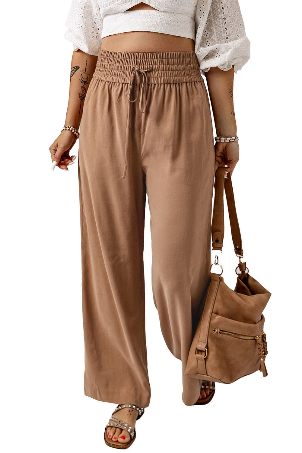 Blue Drawstring Elastic Waist Casual Wide Leg Pants