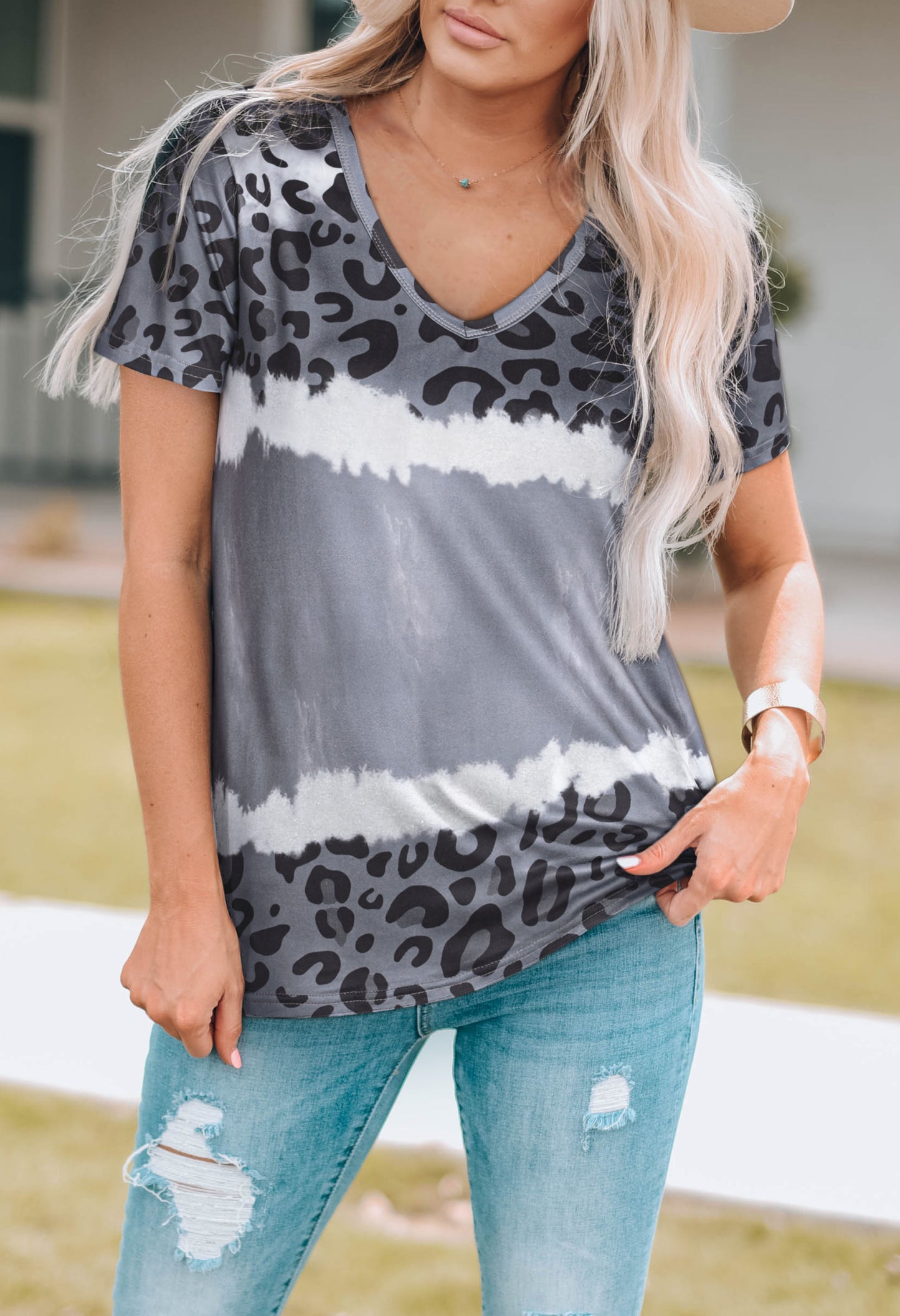 Leopard Color Block V Neck Plus Size T Shirt Dress