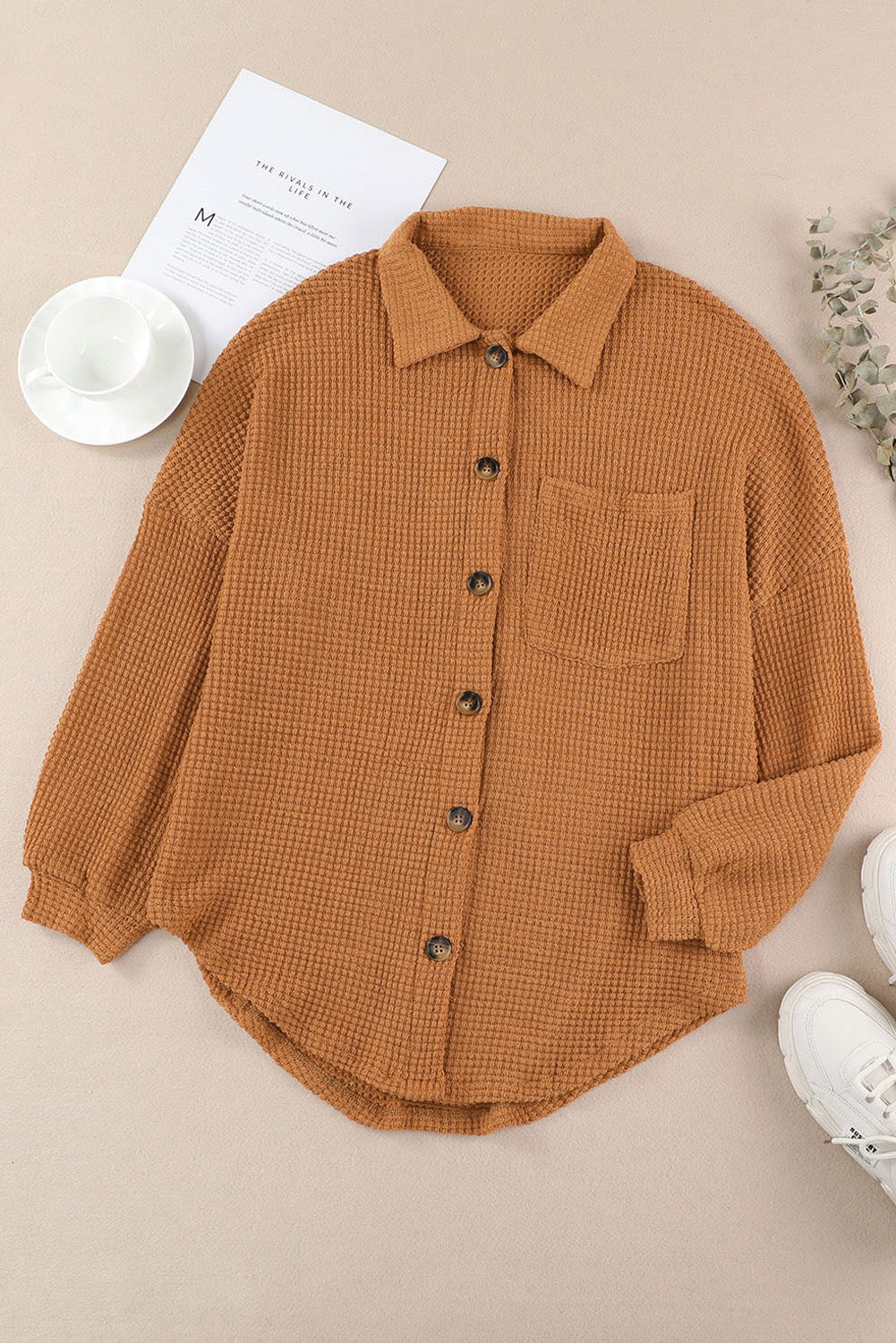 Khaki Waffle Knit Button Up Casual Shirt