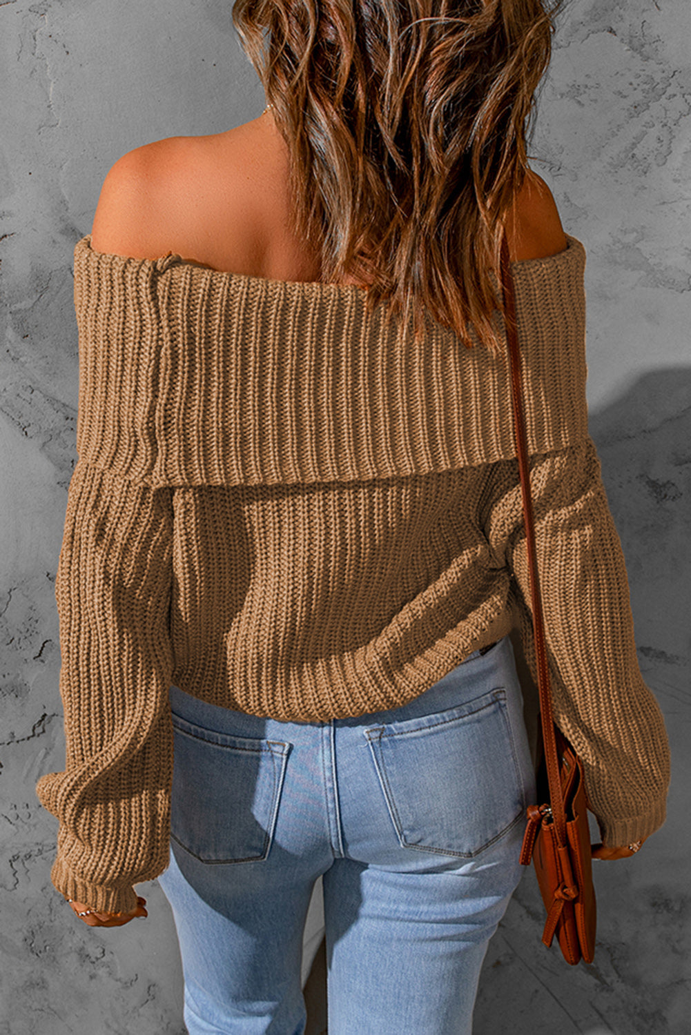 Khaki Ribbed Knit Foldover Off Shoulder Sweater