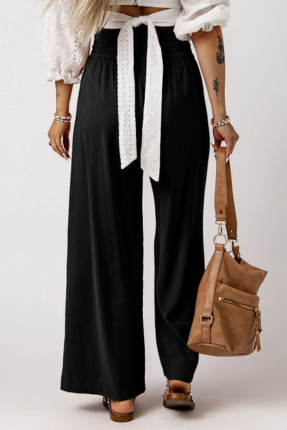 Blue Drawstring Elastic Waist Casual Wide Leg Pants