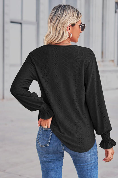 Contrast V-Neck Flounce Sleeve Top