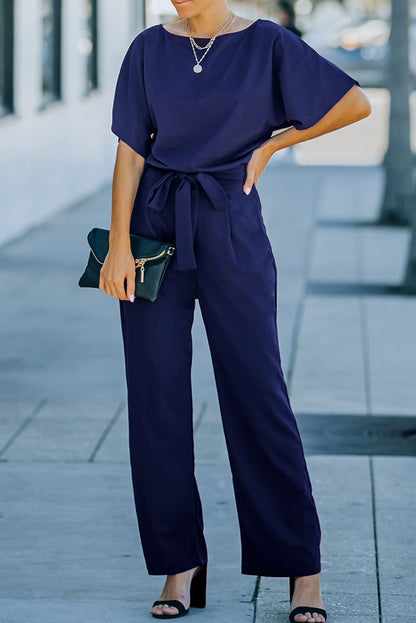 Red Belted Wide Leg Jumpsuit