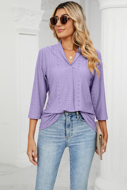 Eyelet Three-Quarter Sleeve Blouse