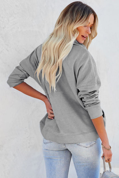 Gray Solid Color Zip Collar Sweatshirt with Pockets