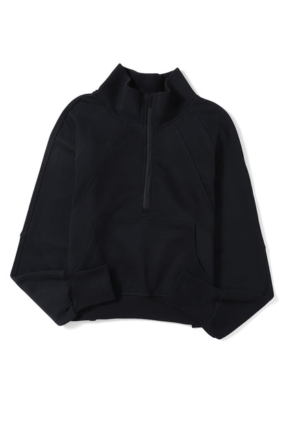 Black Zip Up Stand Collar Ribbed Thumbhole Sleeve Sweatshirt