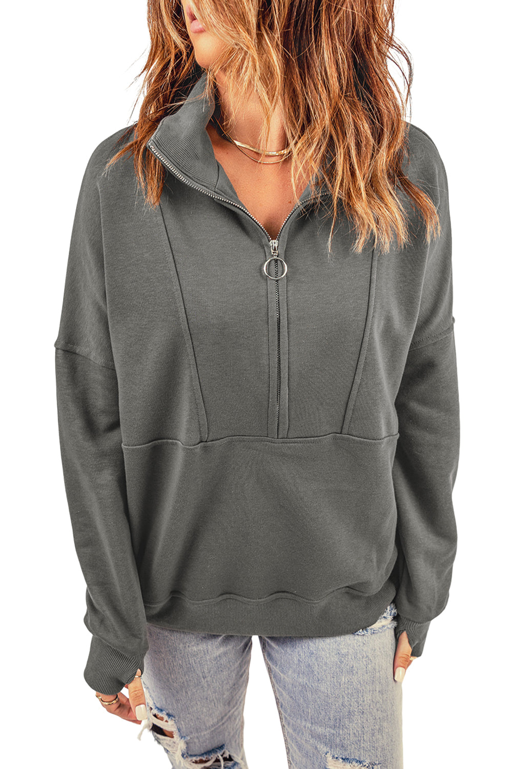 Gray Solid Color Zip Collar Sweatshirt with Pockets