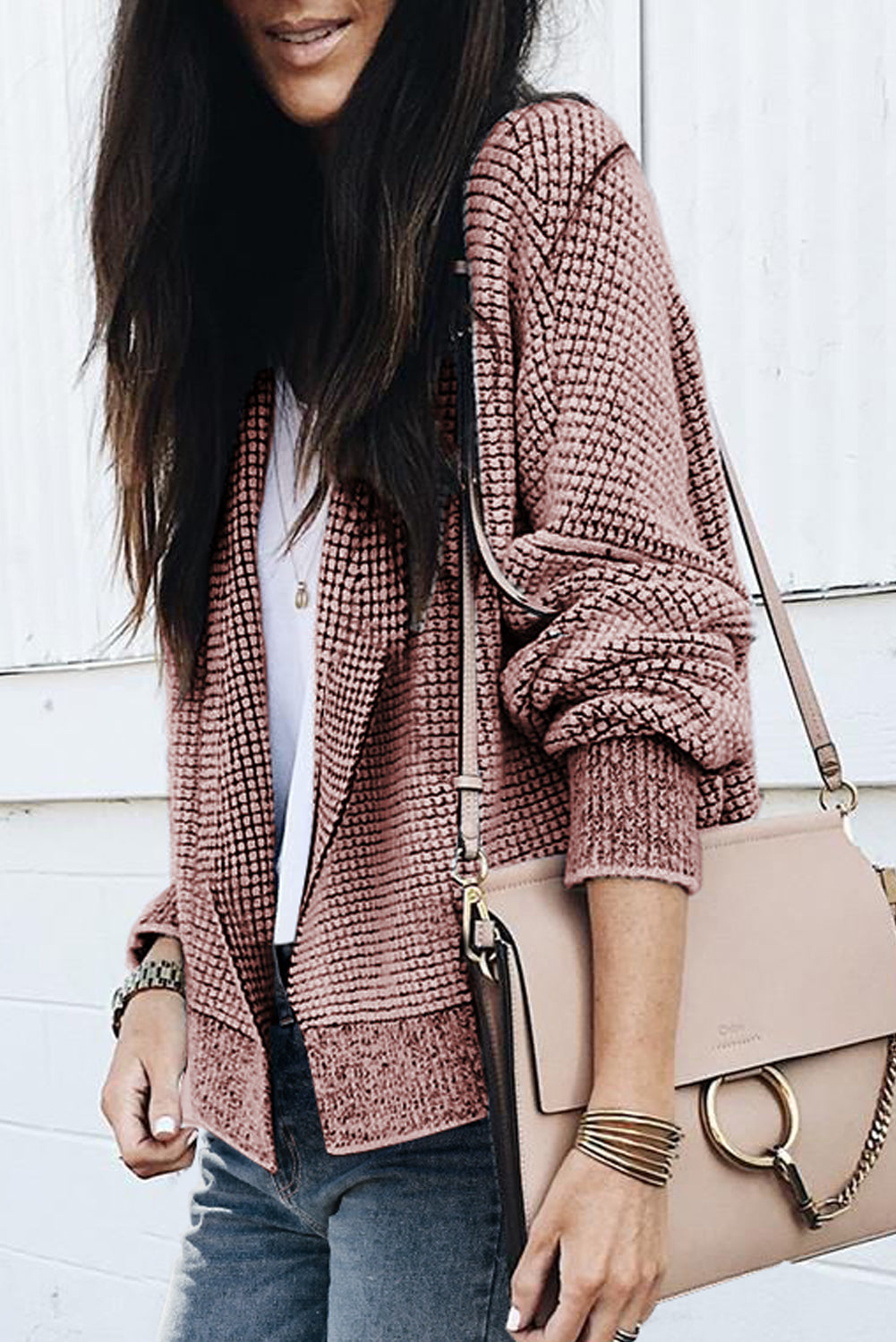 Rose Plaid Knitted Long Open Front Cardigan