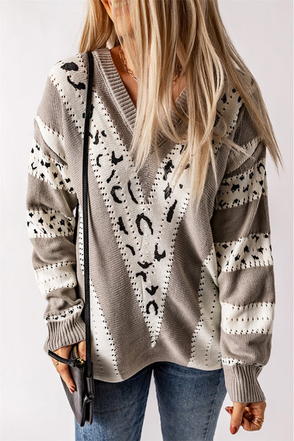 Gray Animal Print Accent V Neck Sweater