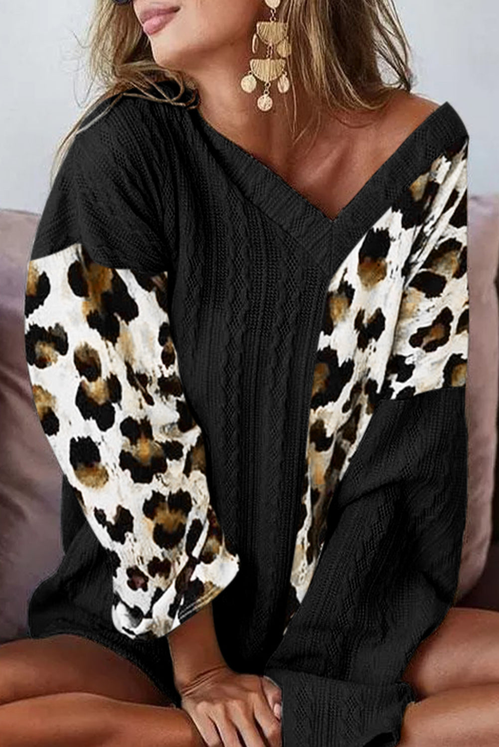 Beige Asymmetric Leopard Patchwork Wide Sleeve V Neck Sweater