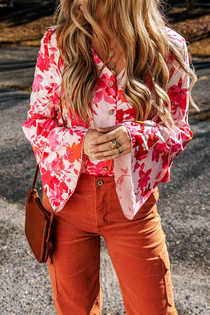 Pink Floral Print Tiered Bell Long Sleeve Buttoned Bodysuit