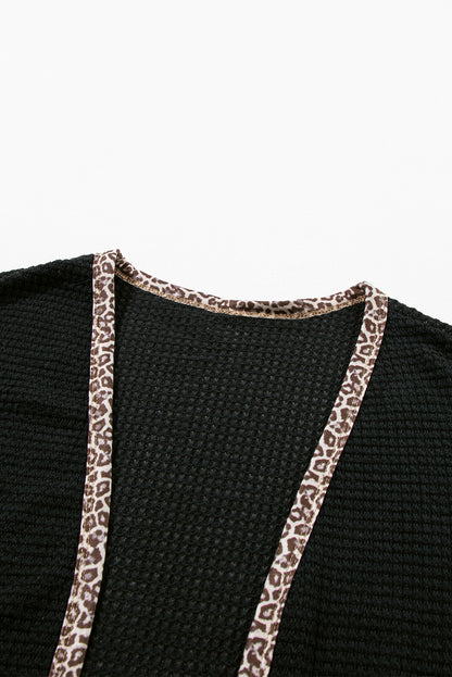 Black Leopard Contrast Waffle Knit Open Front Cardigan