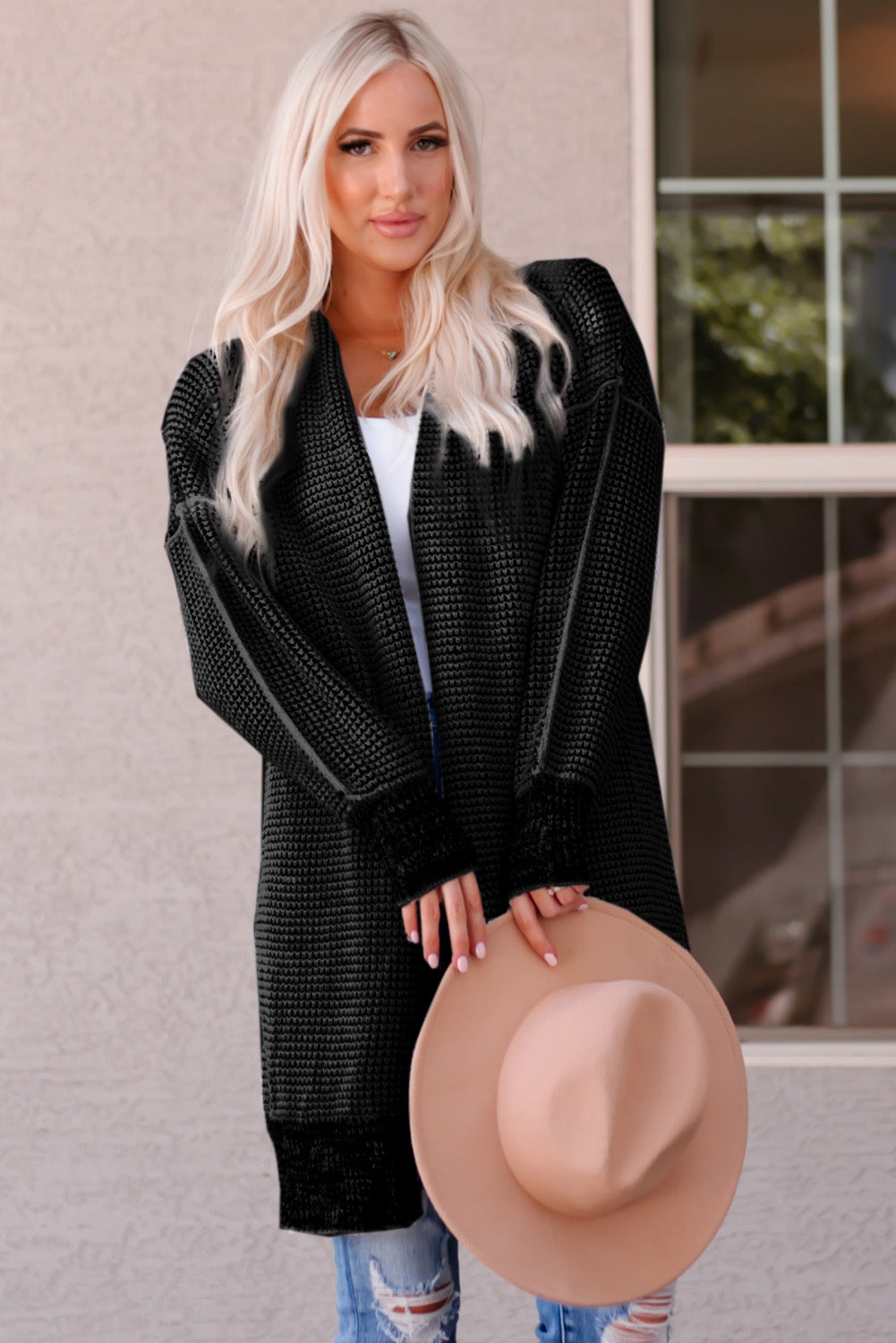 Rose Plaid Knitted Long Open Front Cardigan