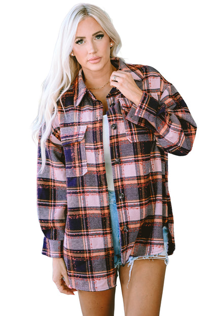 Red Oversized Flap Pockets Plaid Shacket with Slits