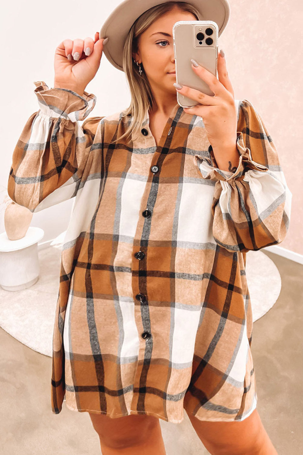 Khaki Plaid Pattern Collared Neck Ruffled Sleeve Shirt Dress