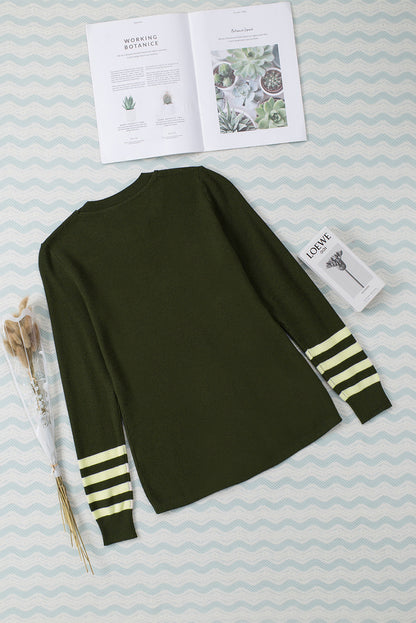 Black Striped Sleeve Plain Knit Sweater